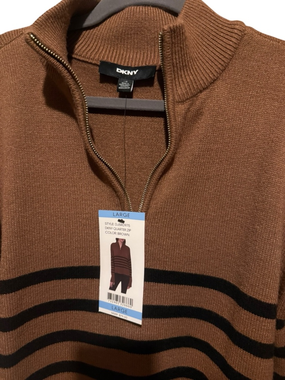 DKNY Brown and Black Striped 1/4 Zip Pull Over L - Picture 4 of 6